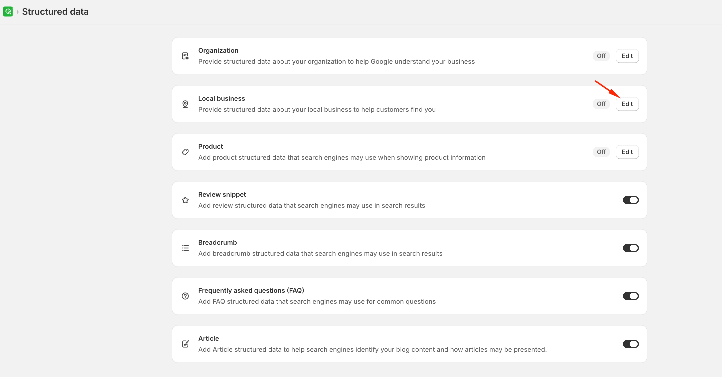Local Business schema settings