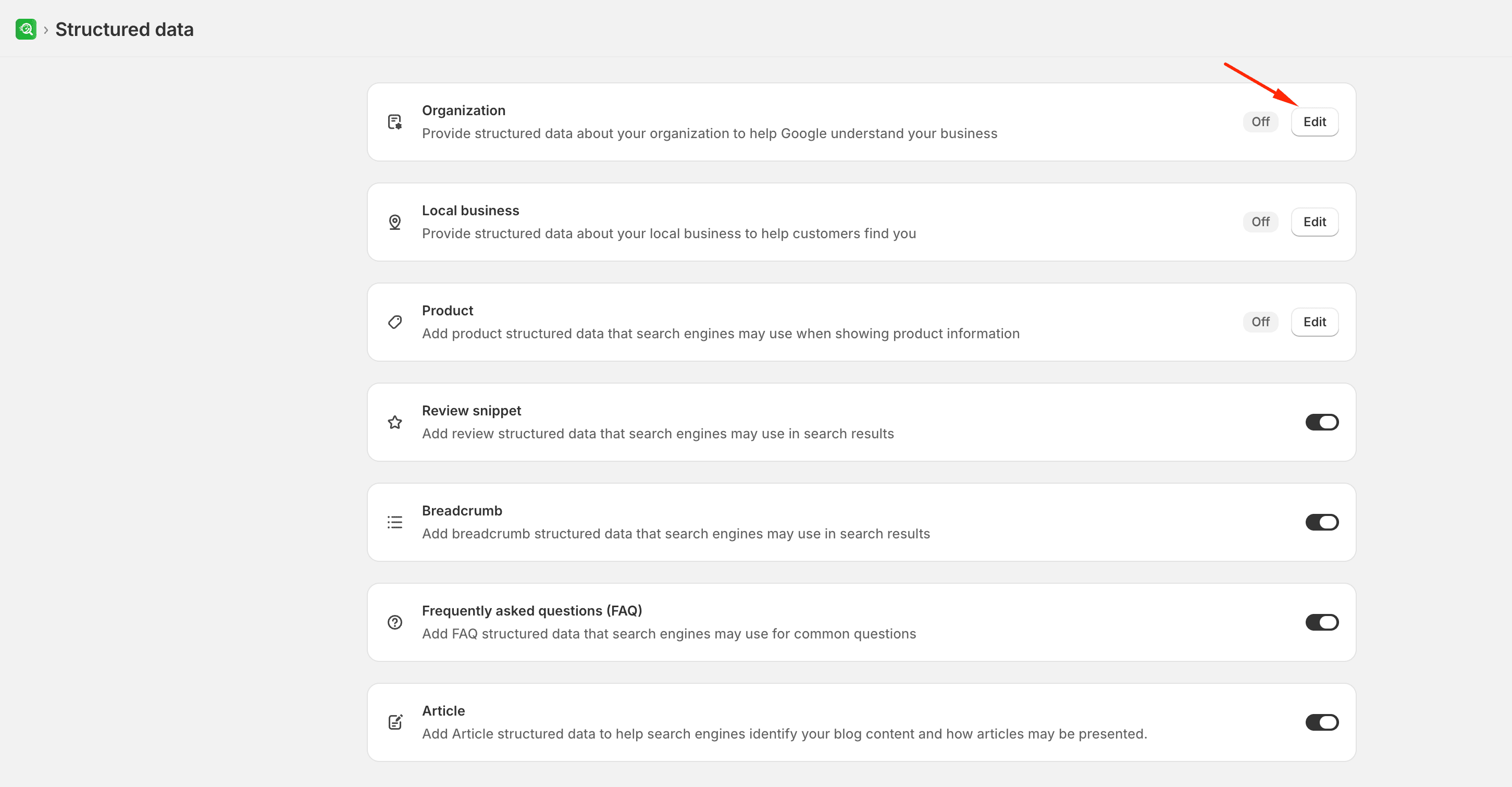 Organization schema settings
