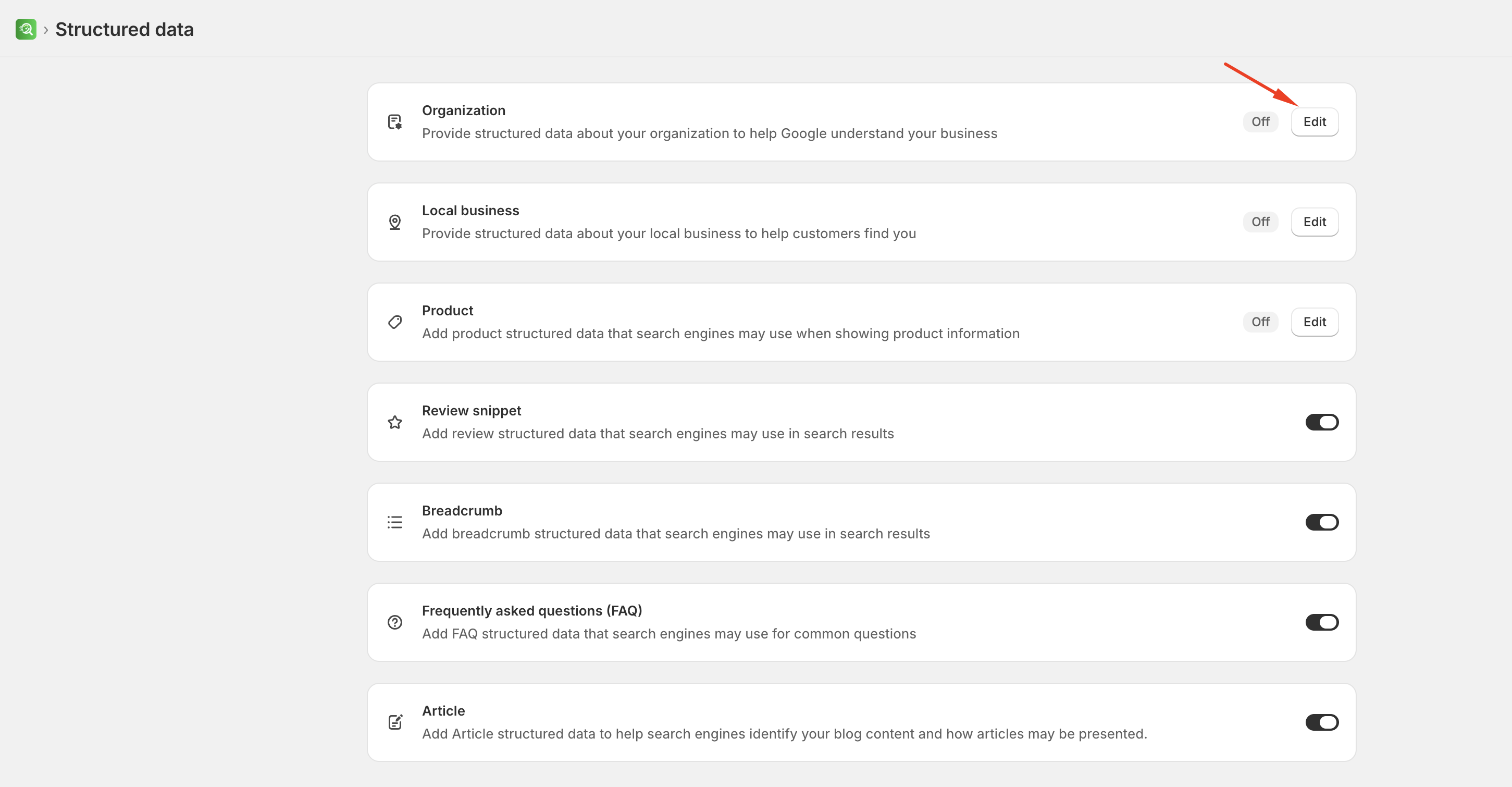 Organization schema settings