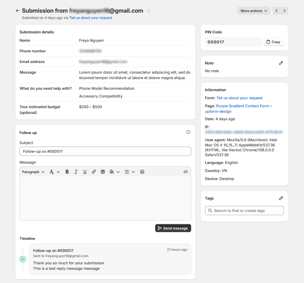 Submission details card with answers