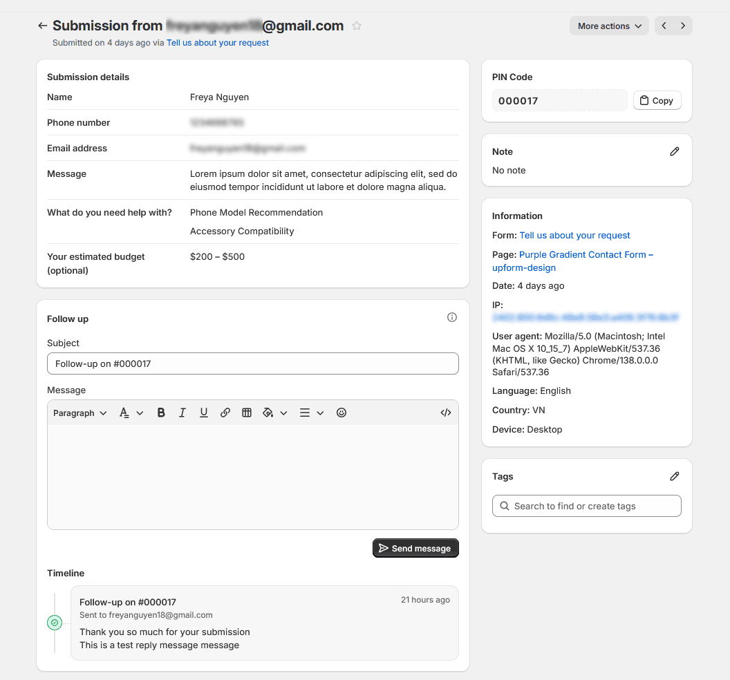 Submission details card with answers