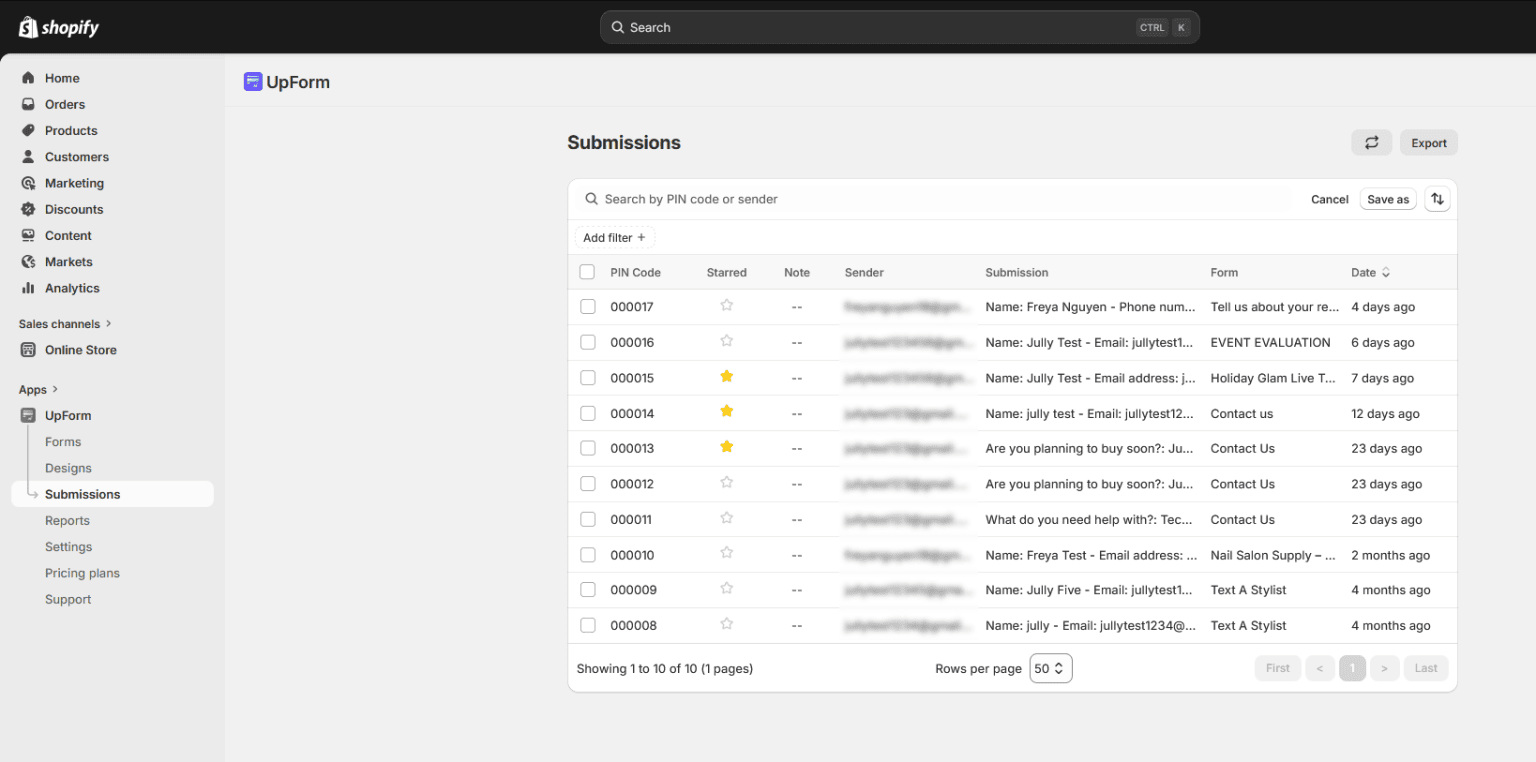 Submission list with columns and rows