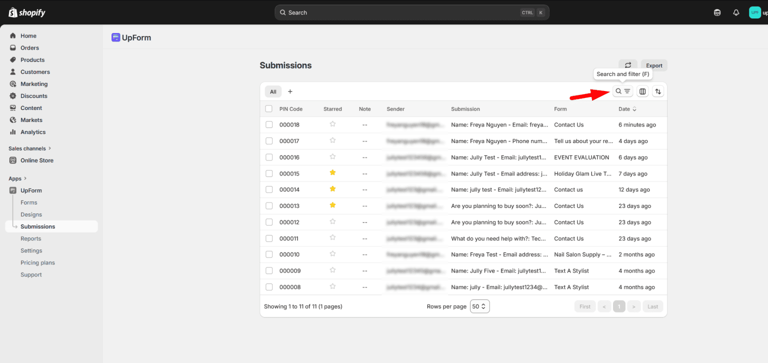 Submission search by PIN or sender