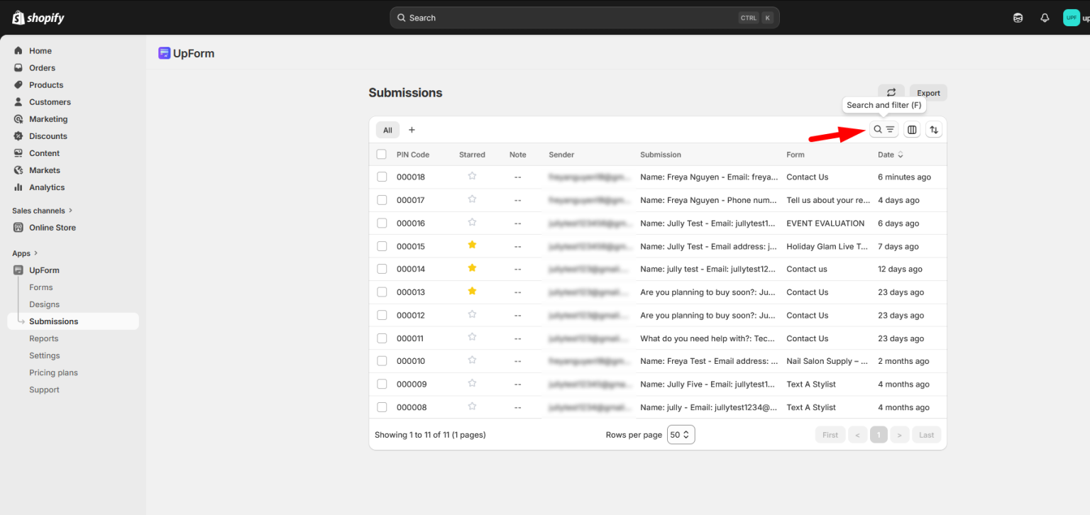 Submission search by PIN or sender