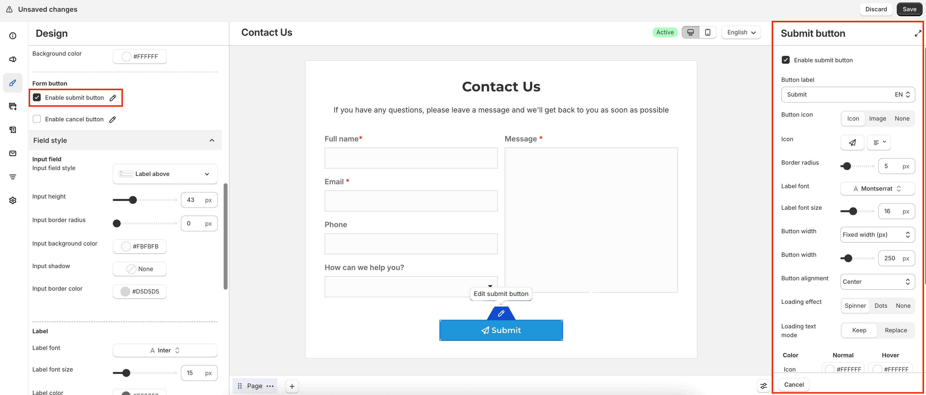 Submit button settings