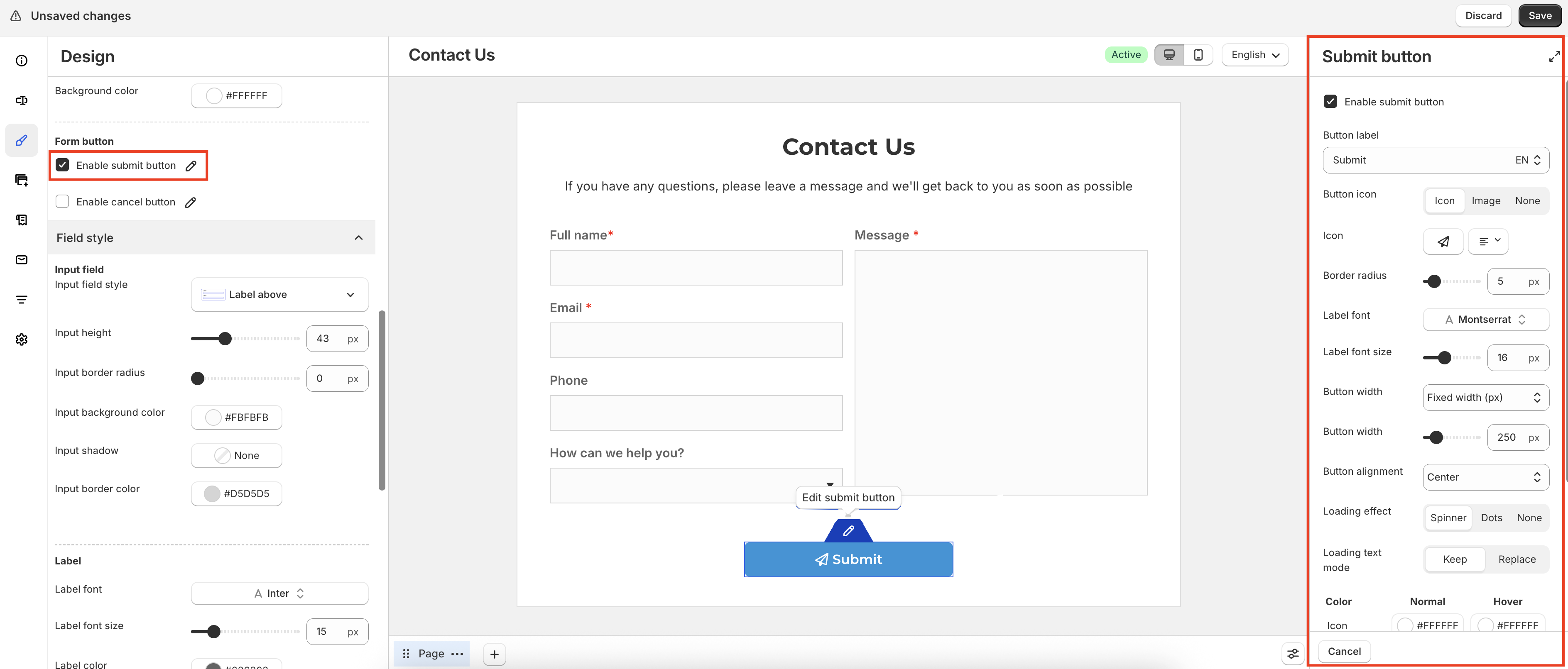 Submit button settings