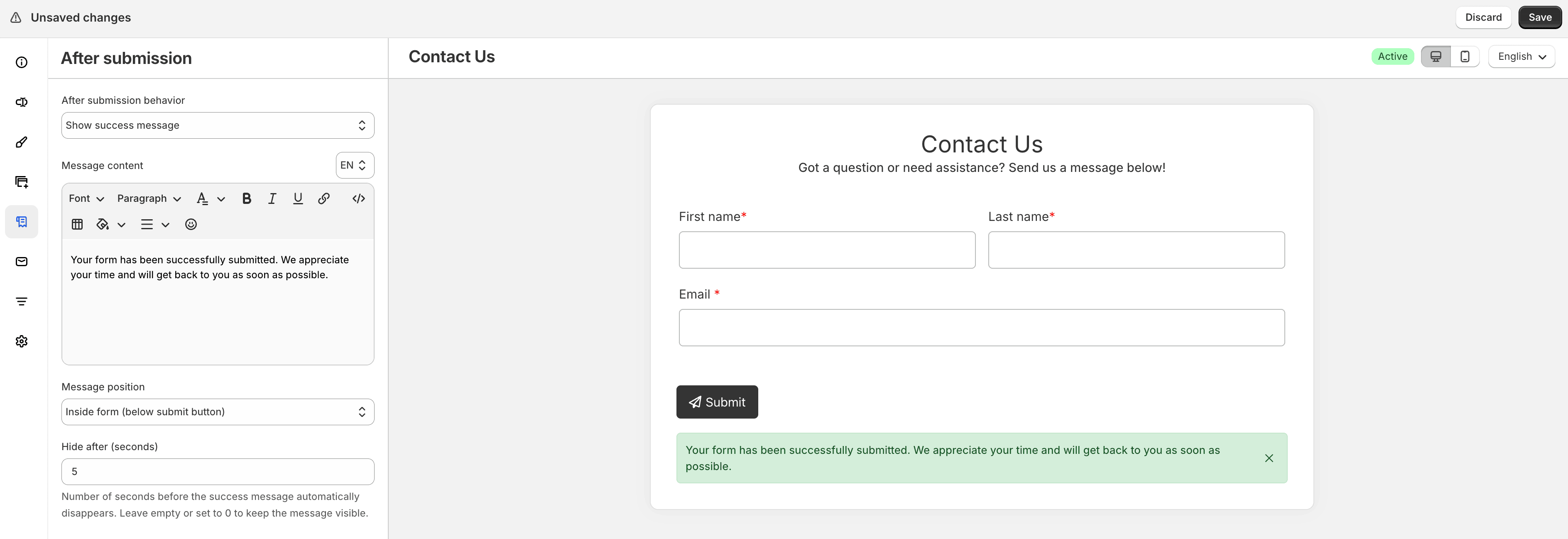 Success message content and position settings