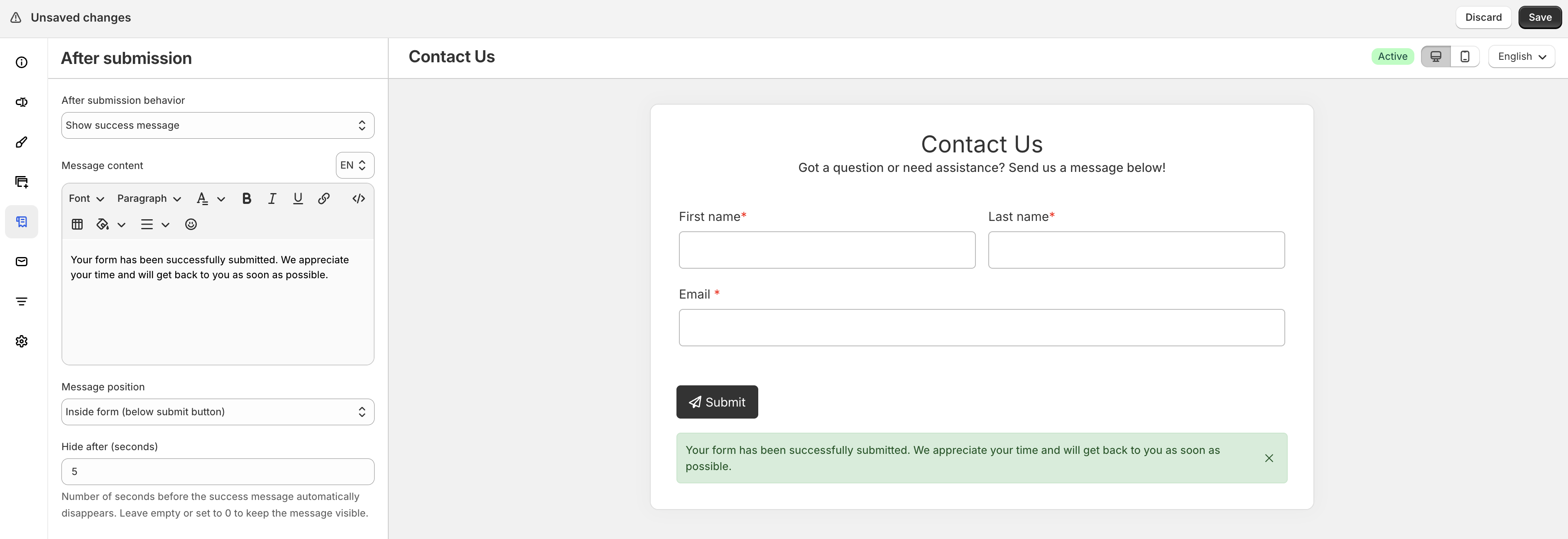 Success message content and position settings