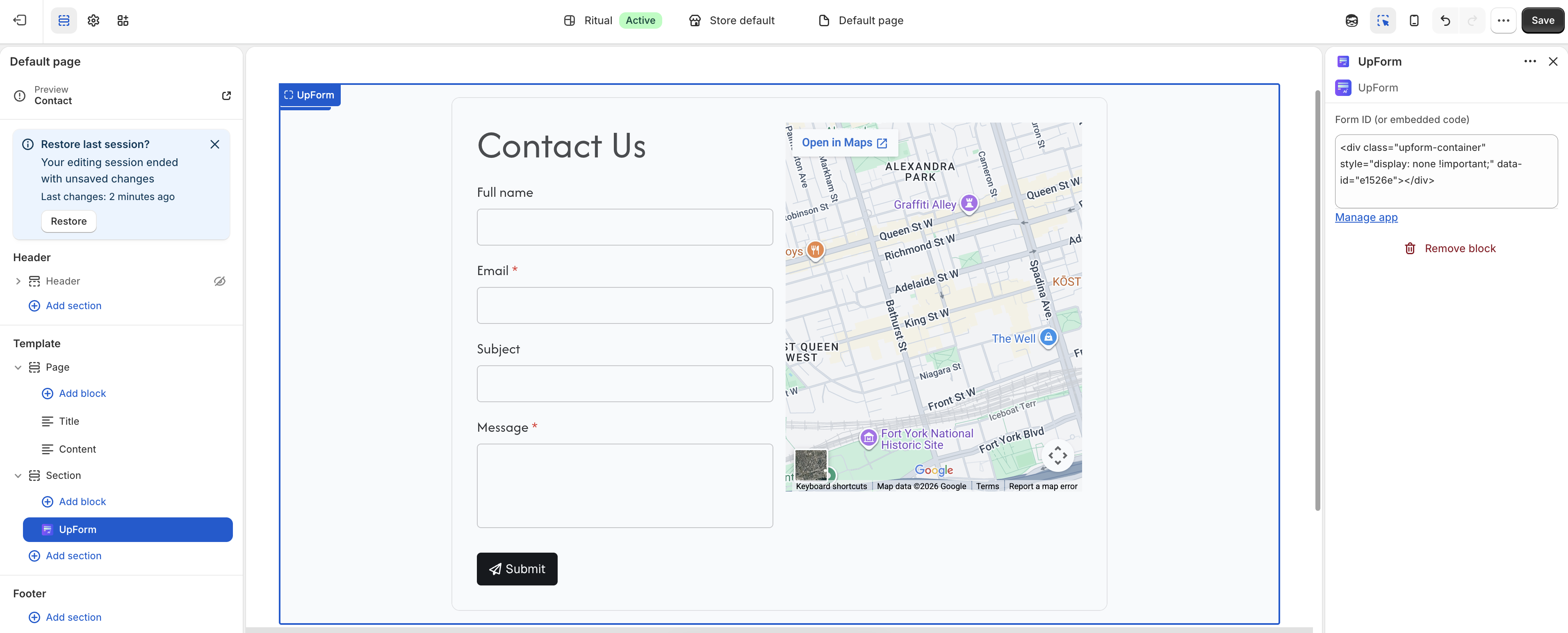 Theme editor UpForm section settings