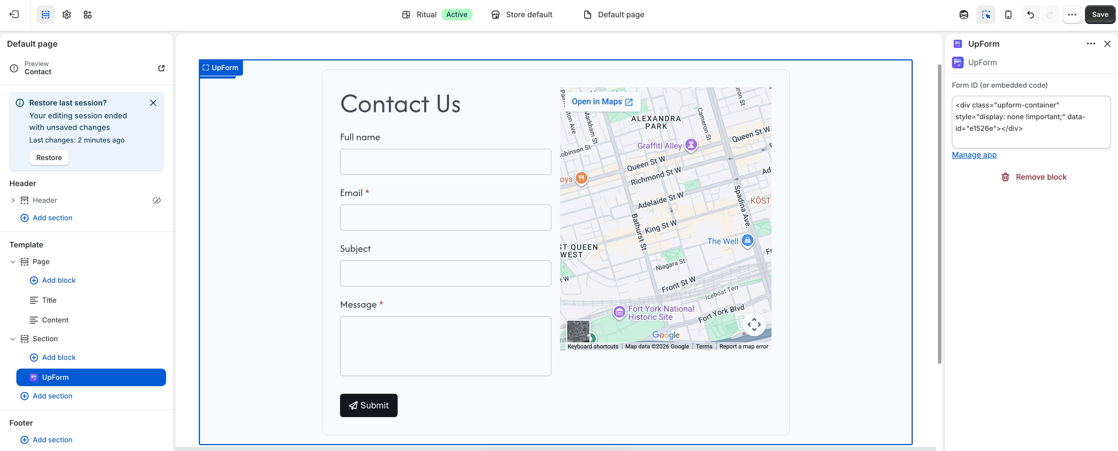 Theme editor UpForm section settings