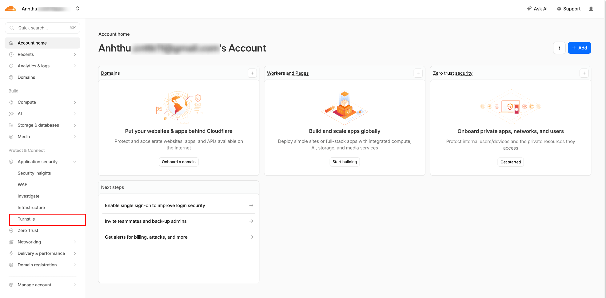 Cloudflare Turnstile dashboard page