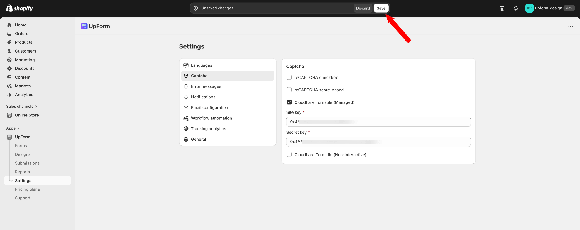 UpForm Turnstile CAPTCHA settings