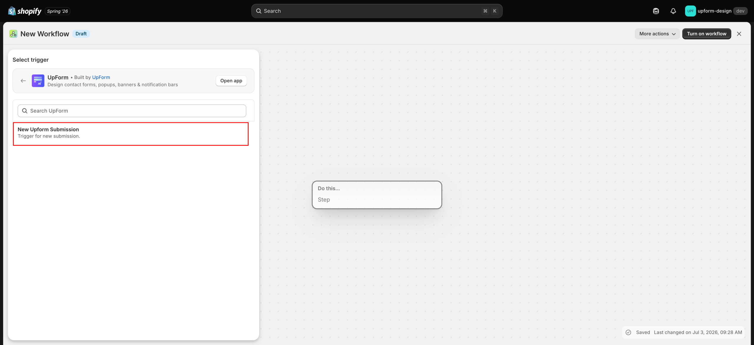 UpForm New UpForm Submission trigger selected