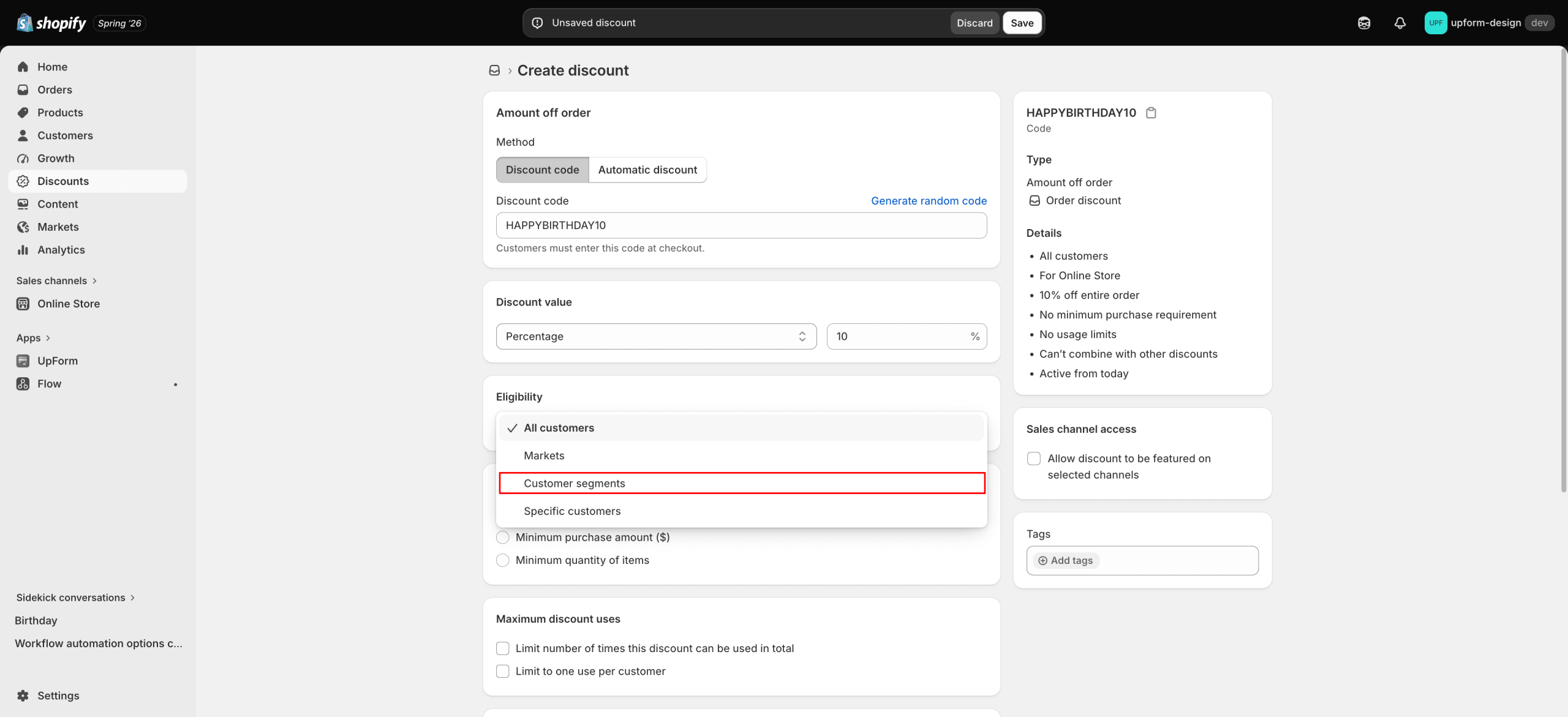 Configure birthday discount code and value