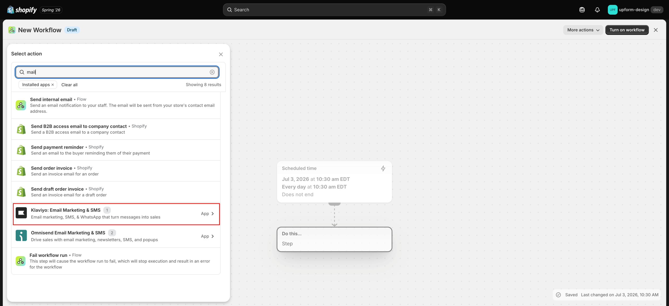 Add email app action to scheduled workflow
