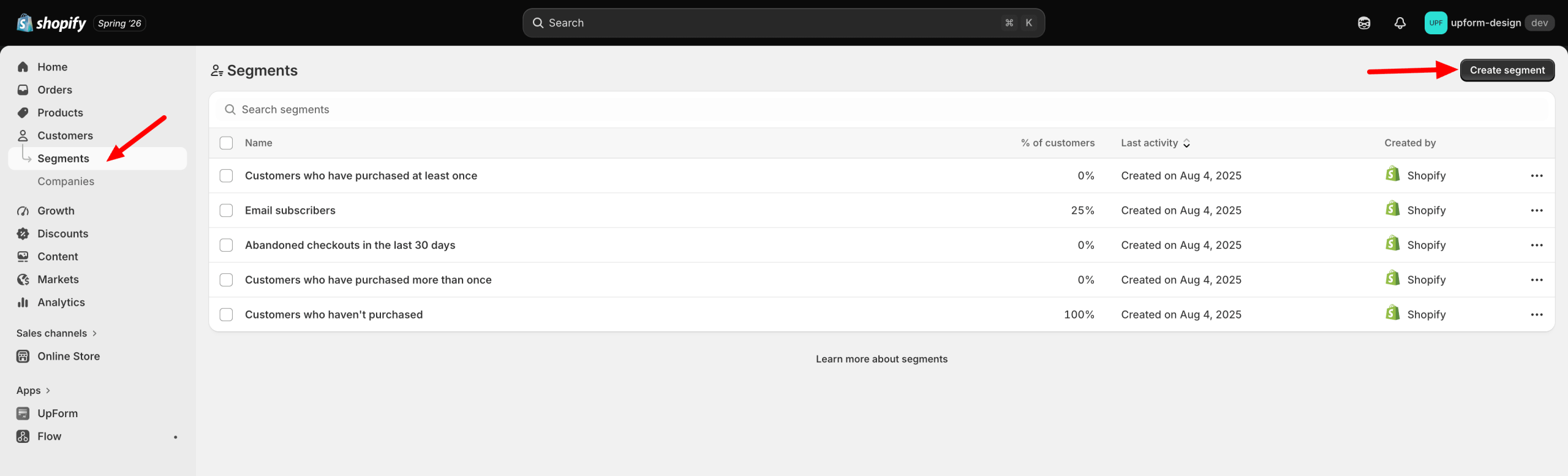 Shopify Customers Segments page