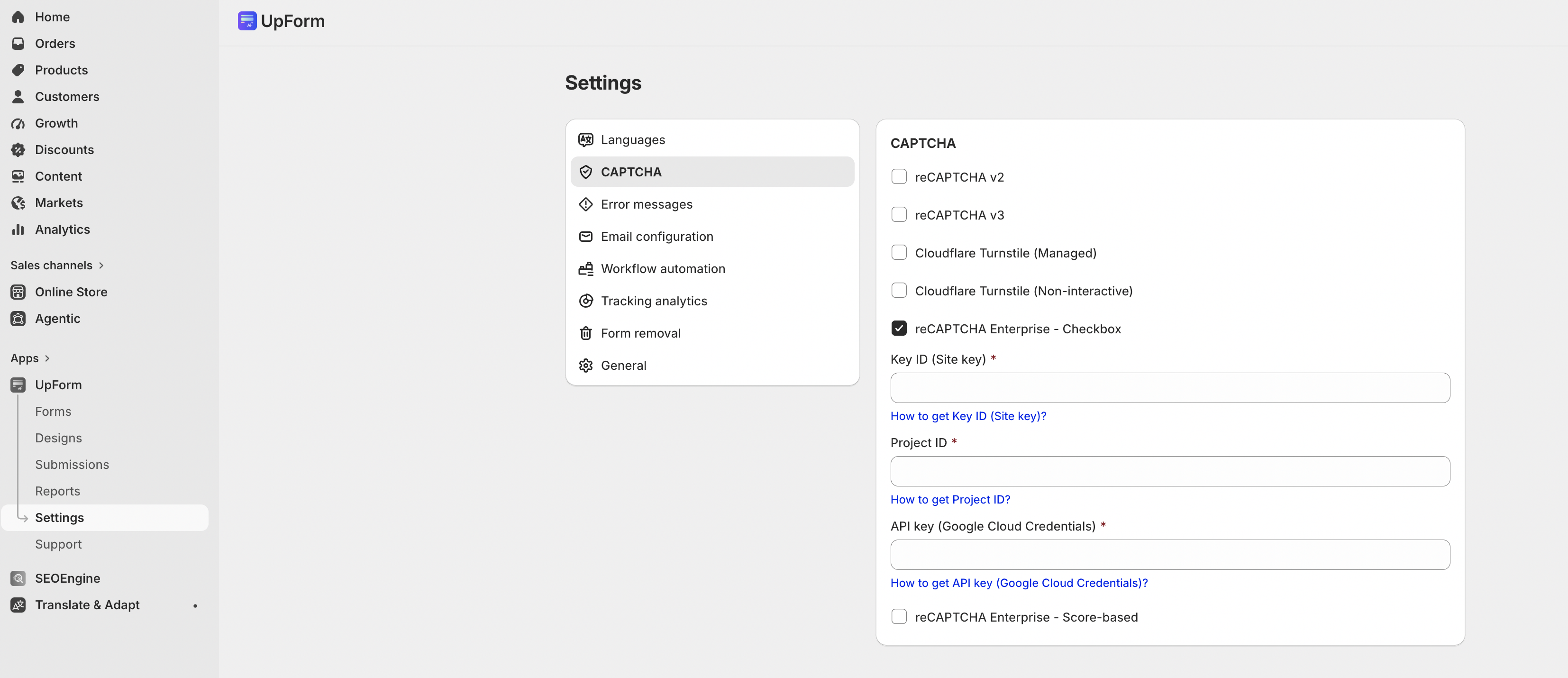 UpForm reCAPTCHA Enterprise CAPTCHA settings