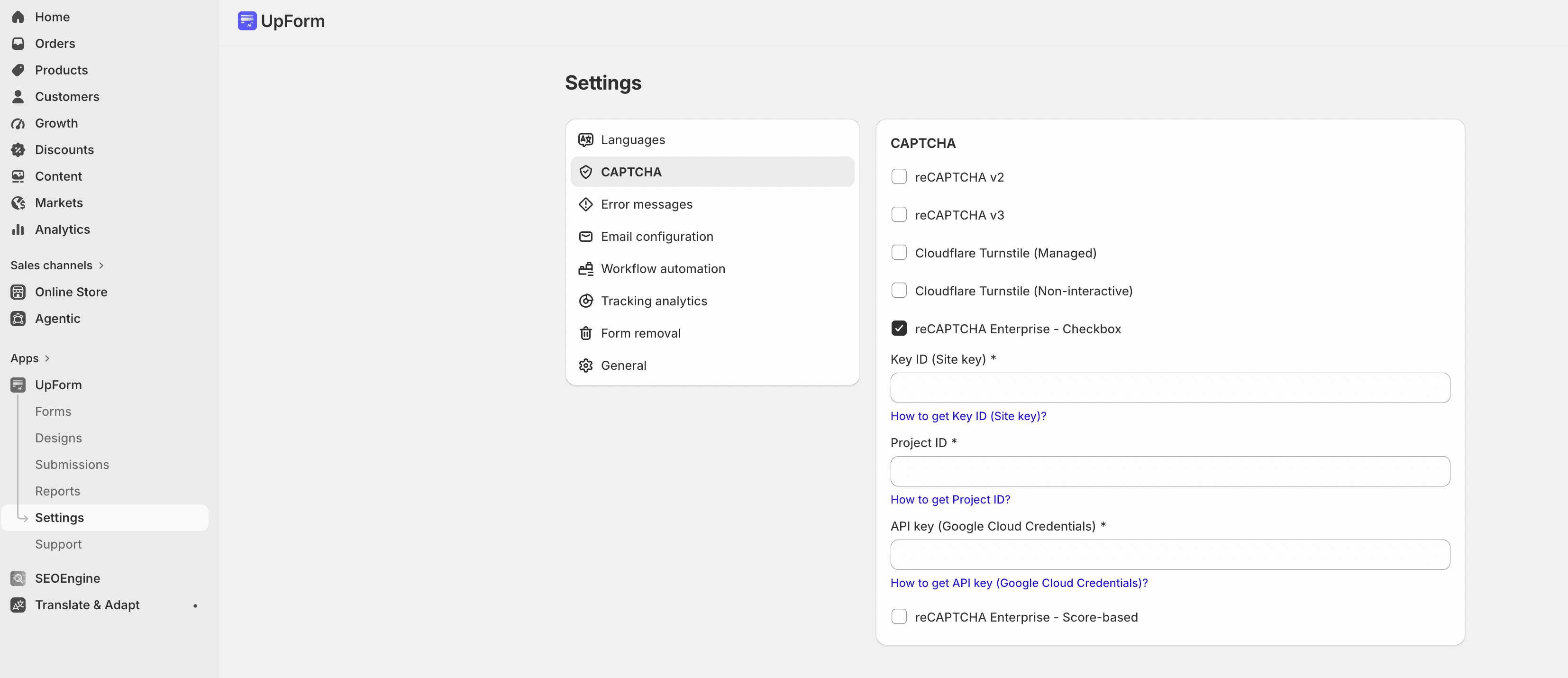 UpForm reCAPTCHA Enterprise CAPTCHA settings