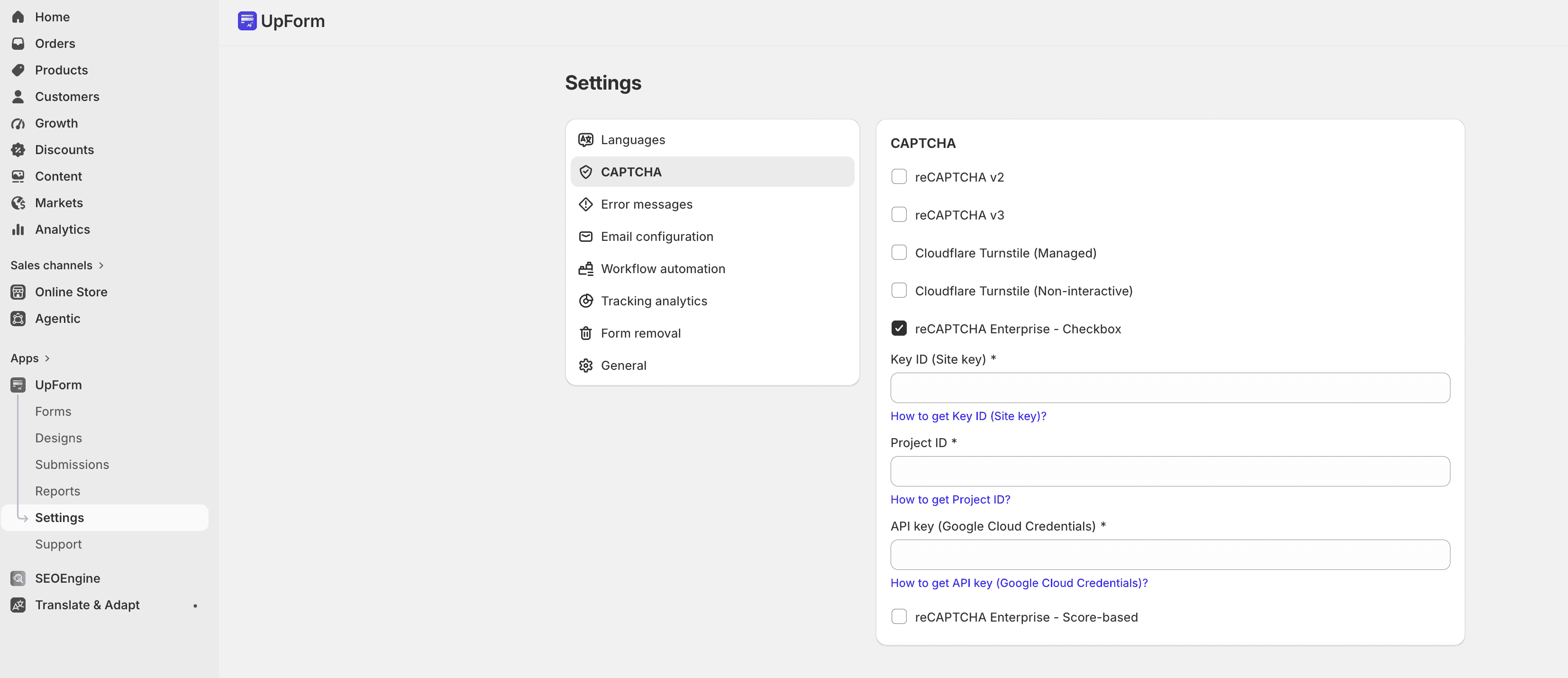 UpForm reCAPTCHA Enterprise CAPTCHA settings