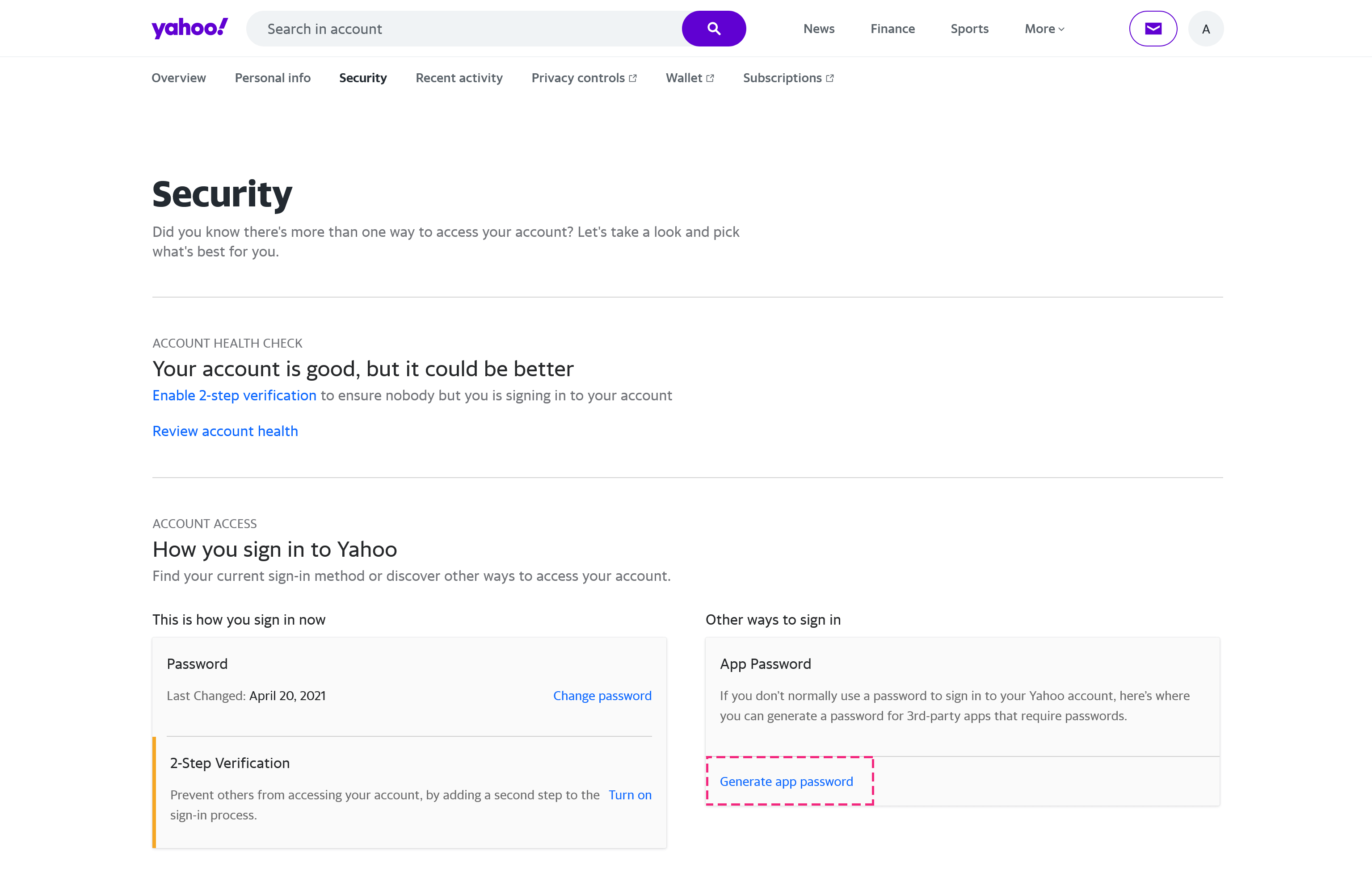 Yahoo Account Security Generate app password