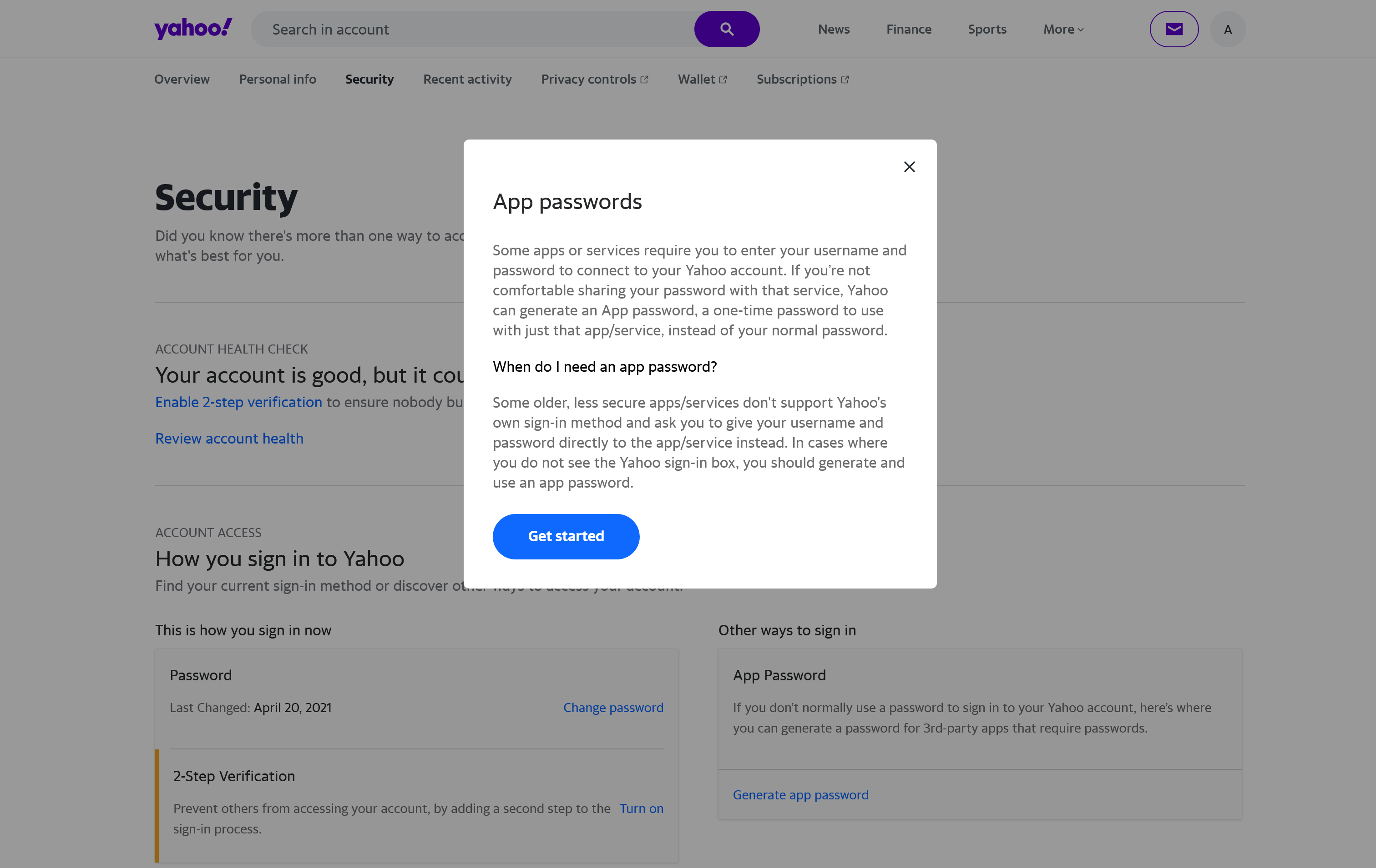 Yahoo Generate app password Get Started