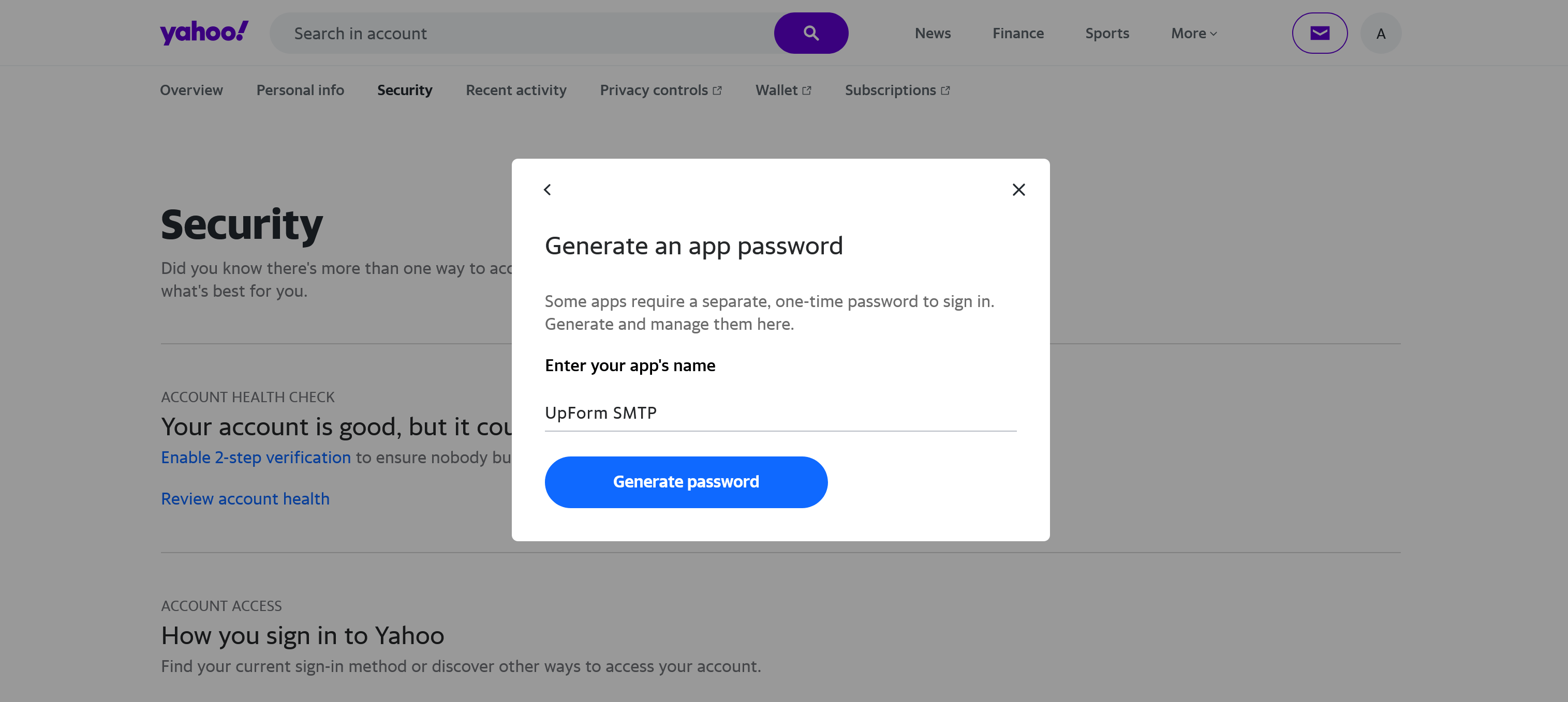 Enter Yahoo app password name