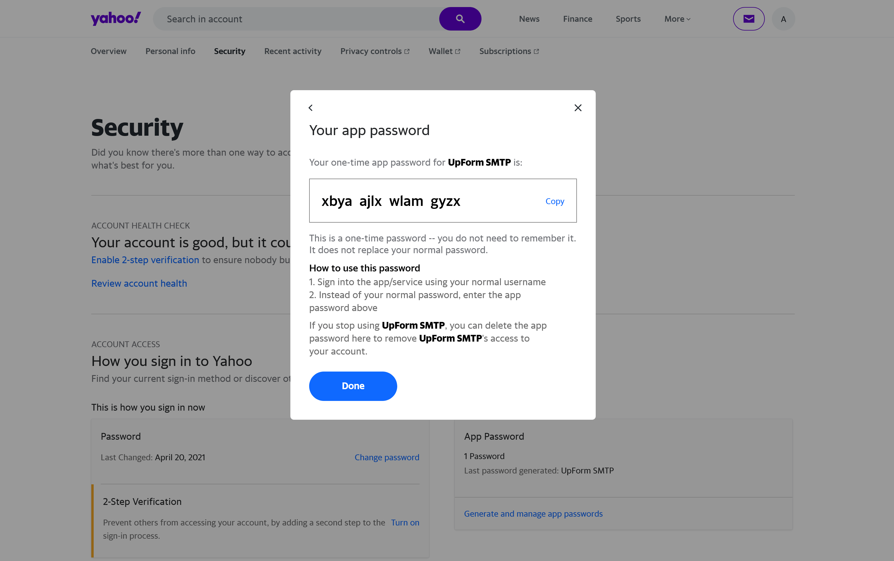 Copy generated Yahoo app password