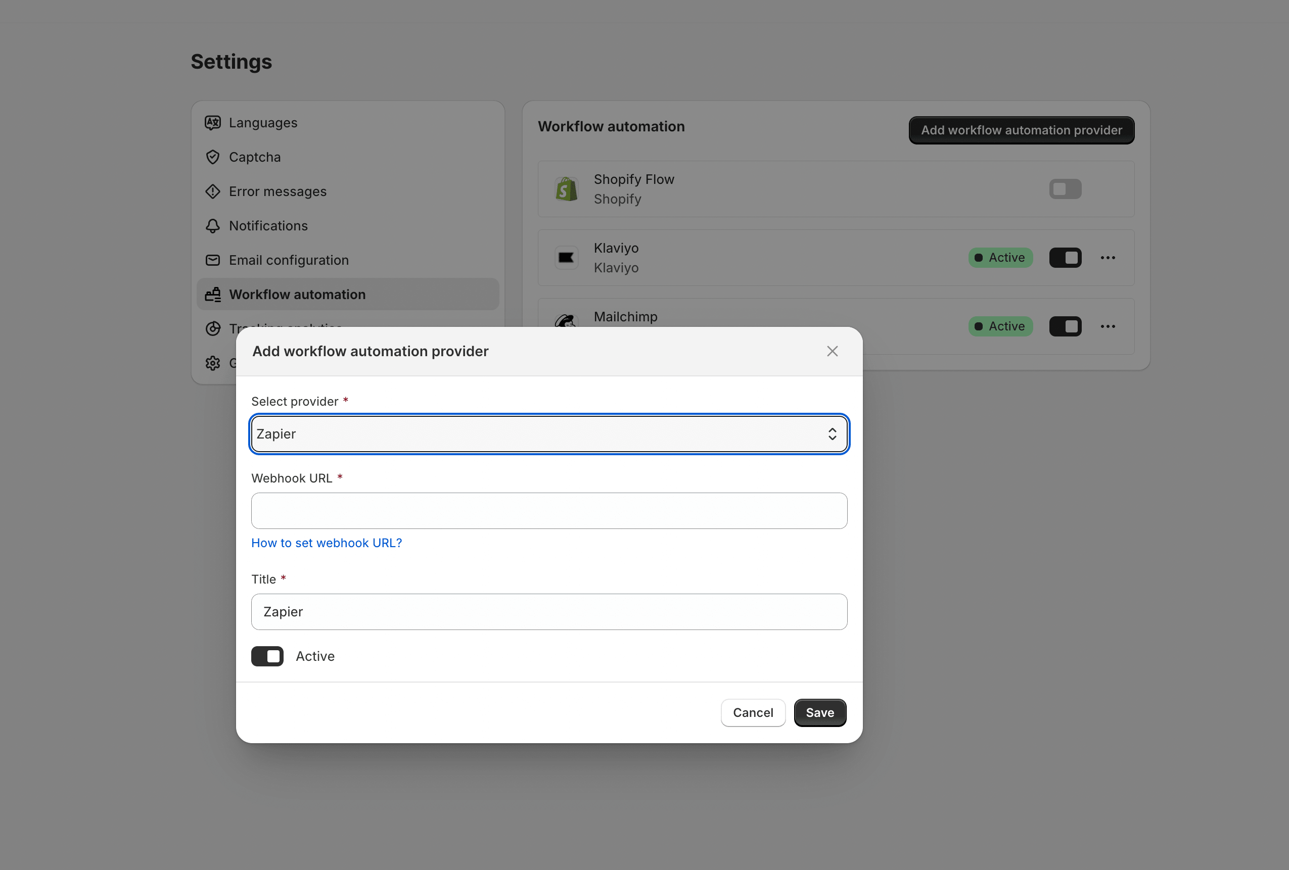 Add Zapier workflow automation provider