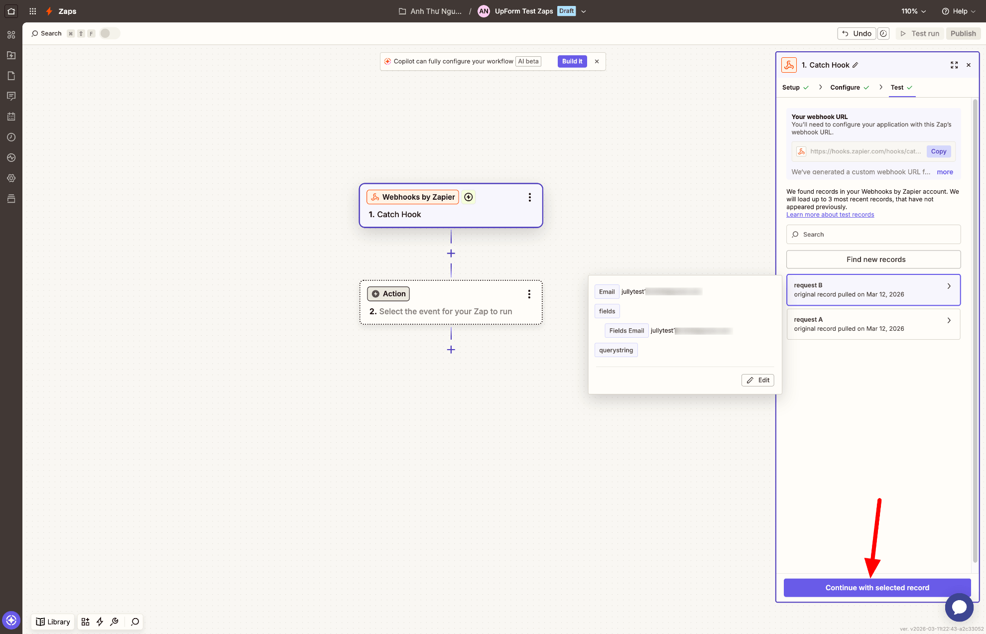 Select Zapier test submission record