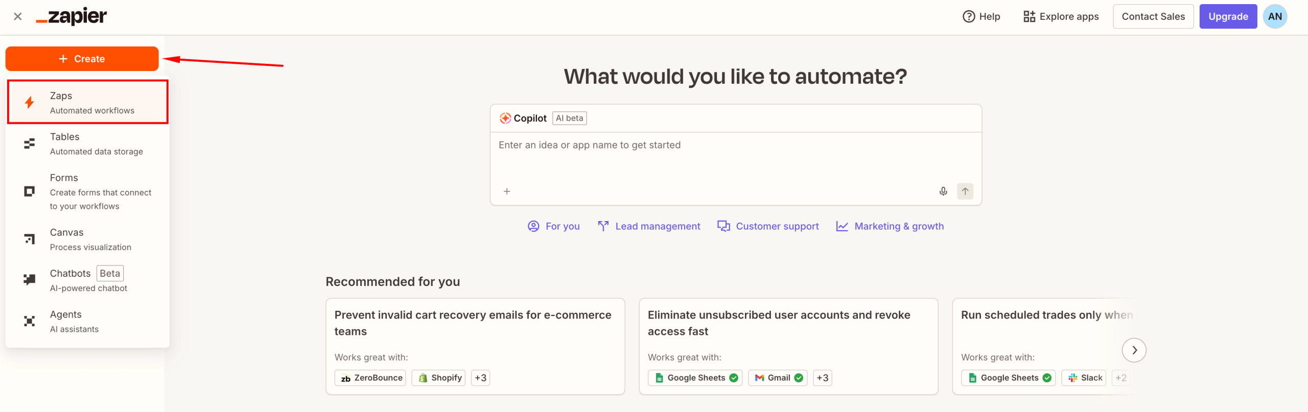 Create new Zap in Zapier