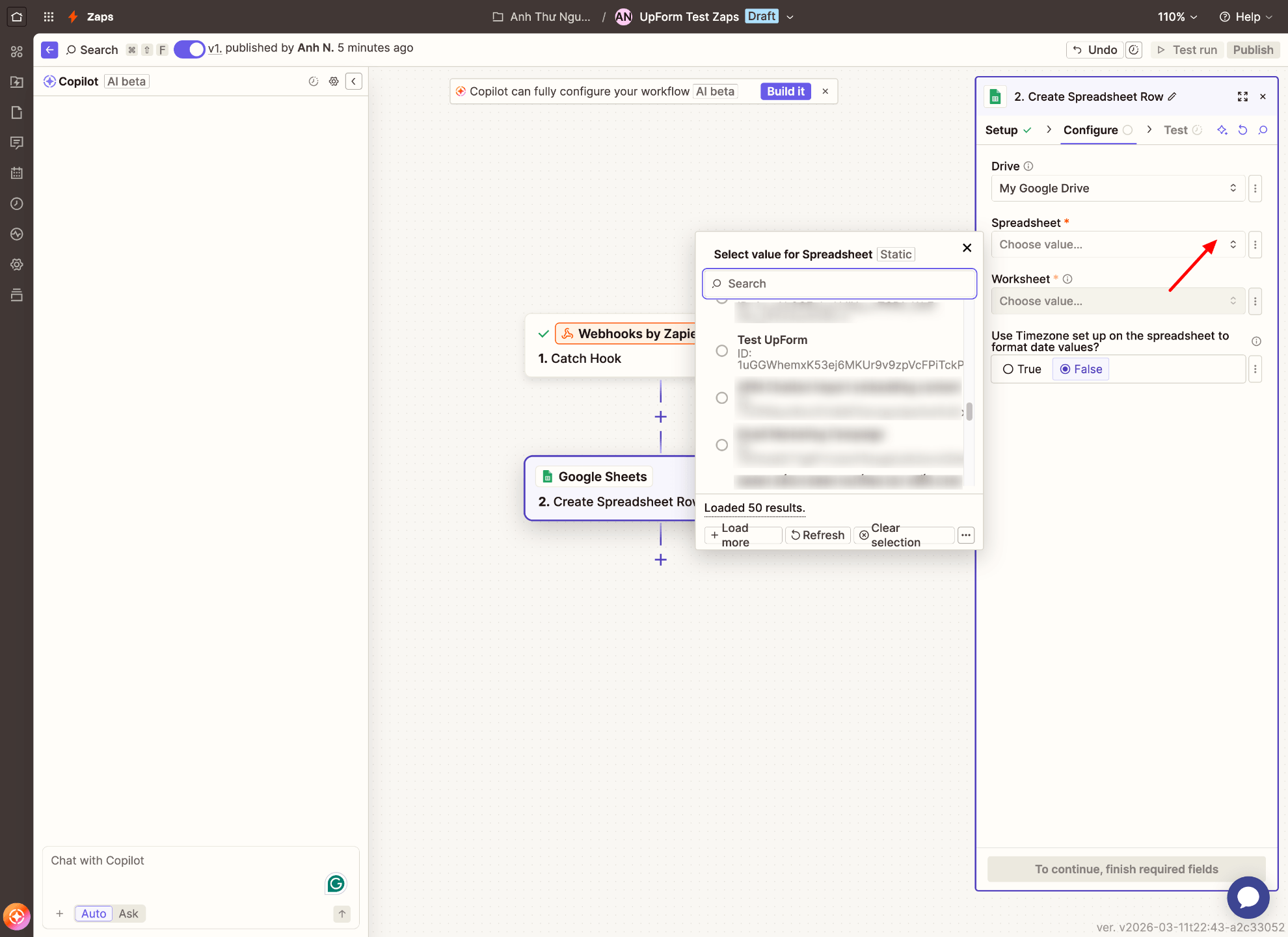 Select Google Sheets spreadsheet and worksheet