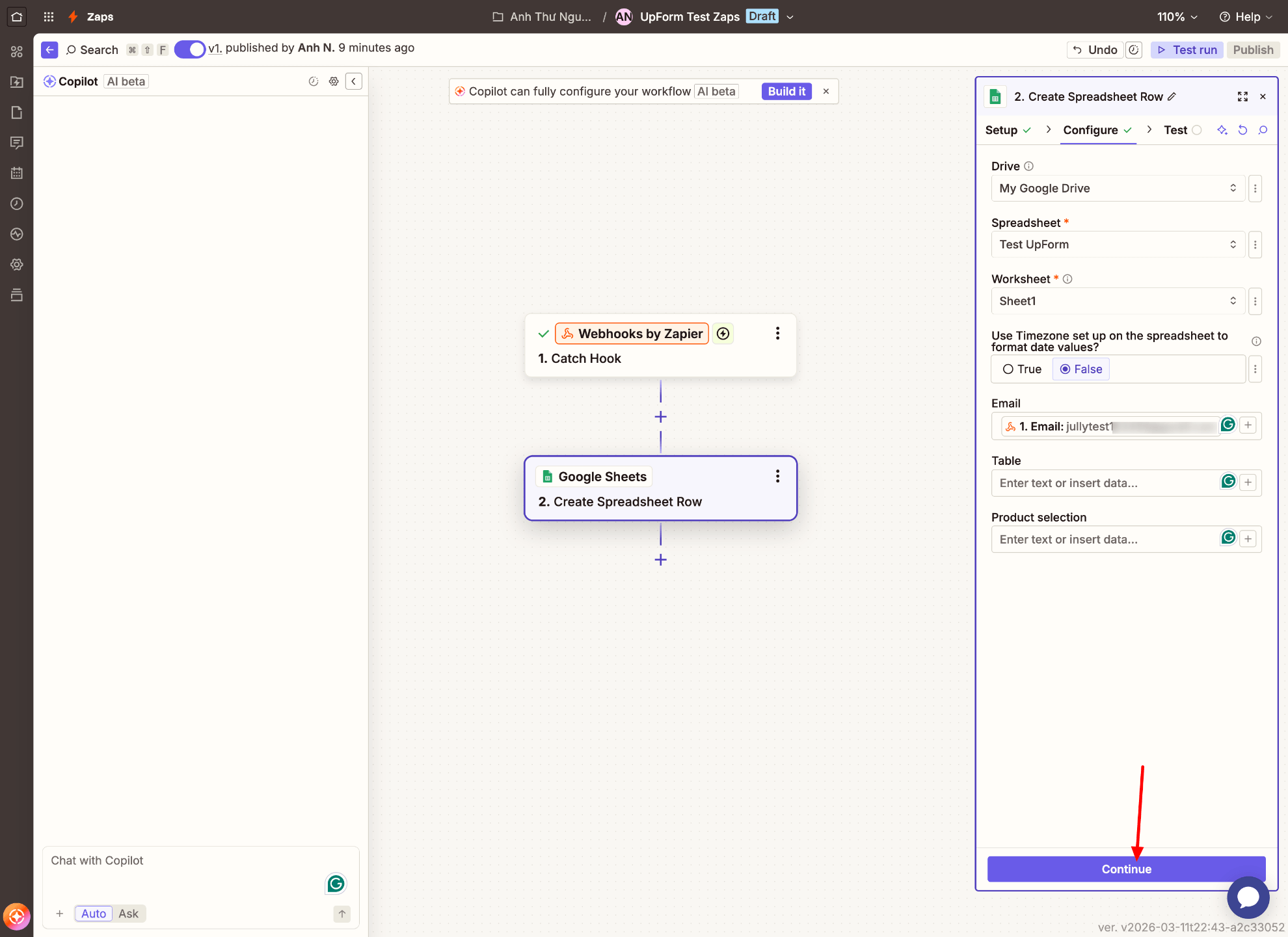 Map webhook fields to spreadsheet columns