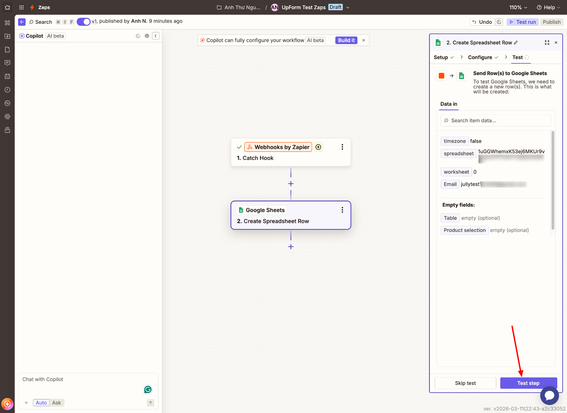 Test Google Sheets Zapier action