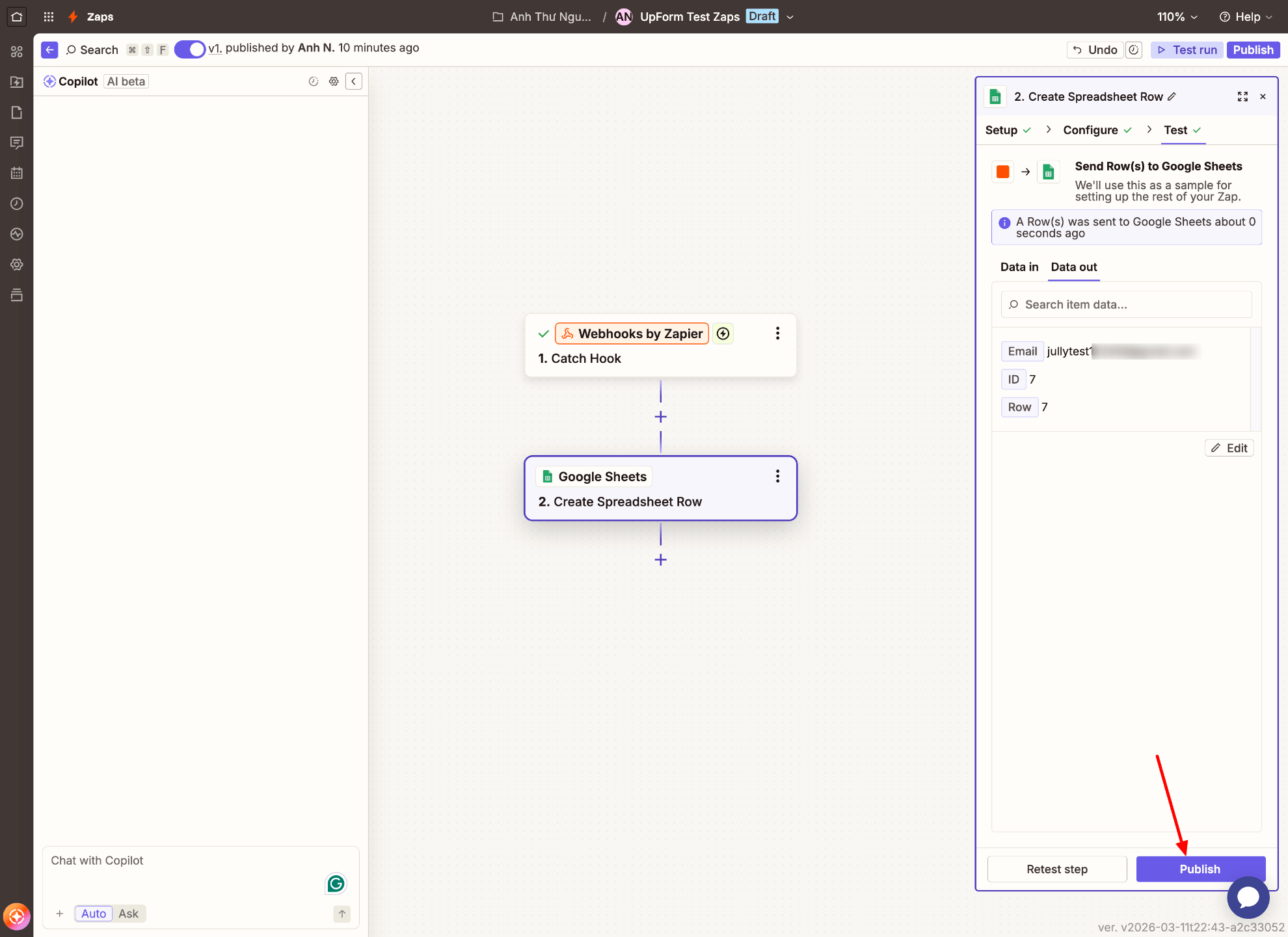 Publish Zap with Google Sheets action