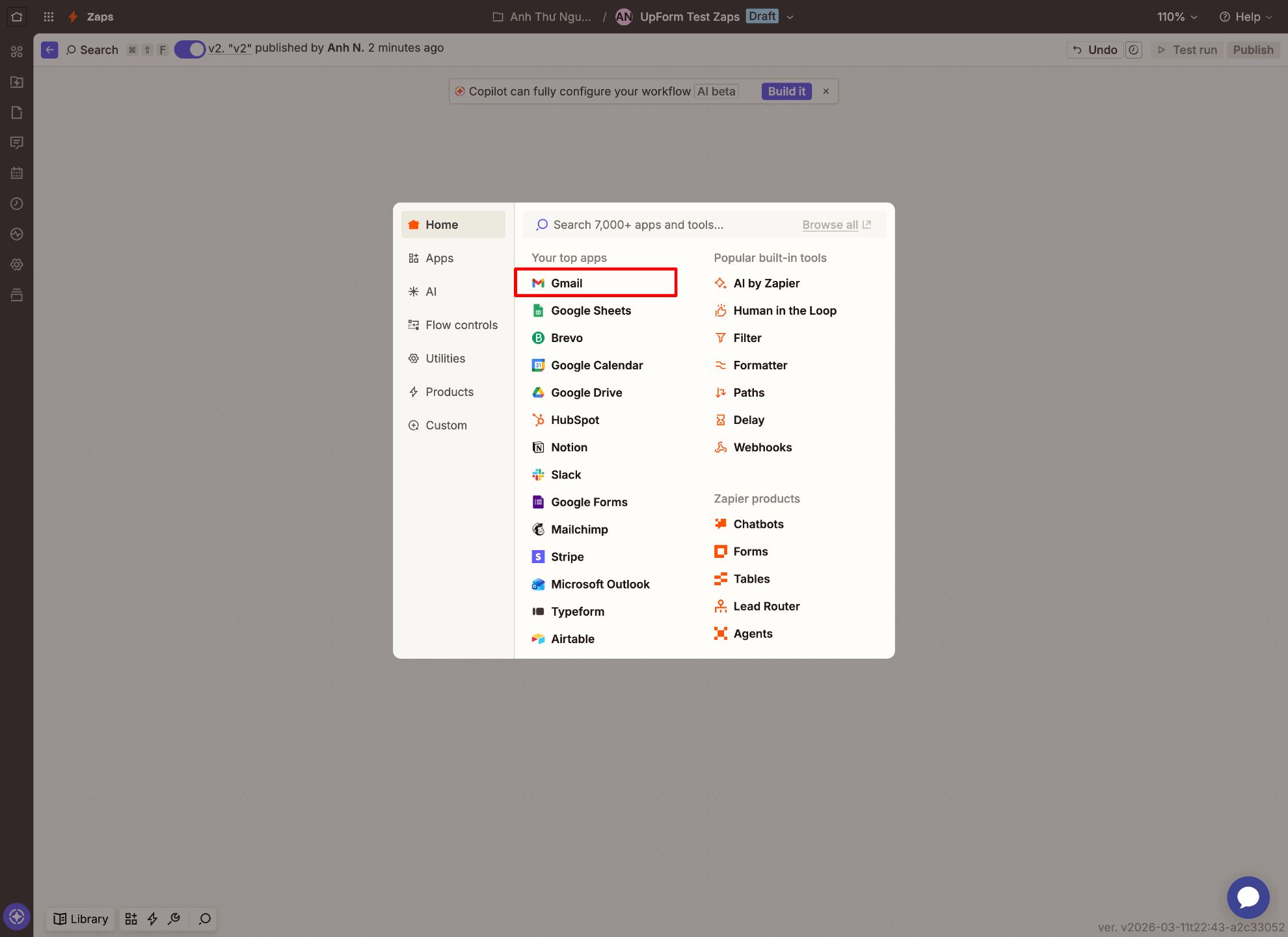 Add Gmail action in Zap