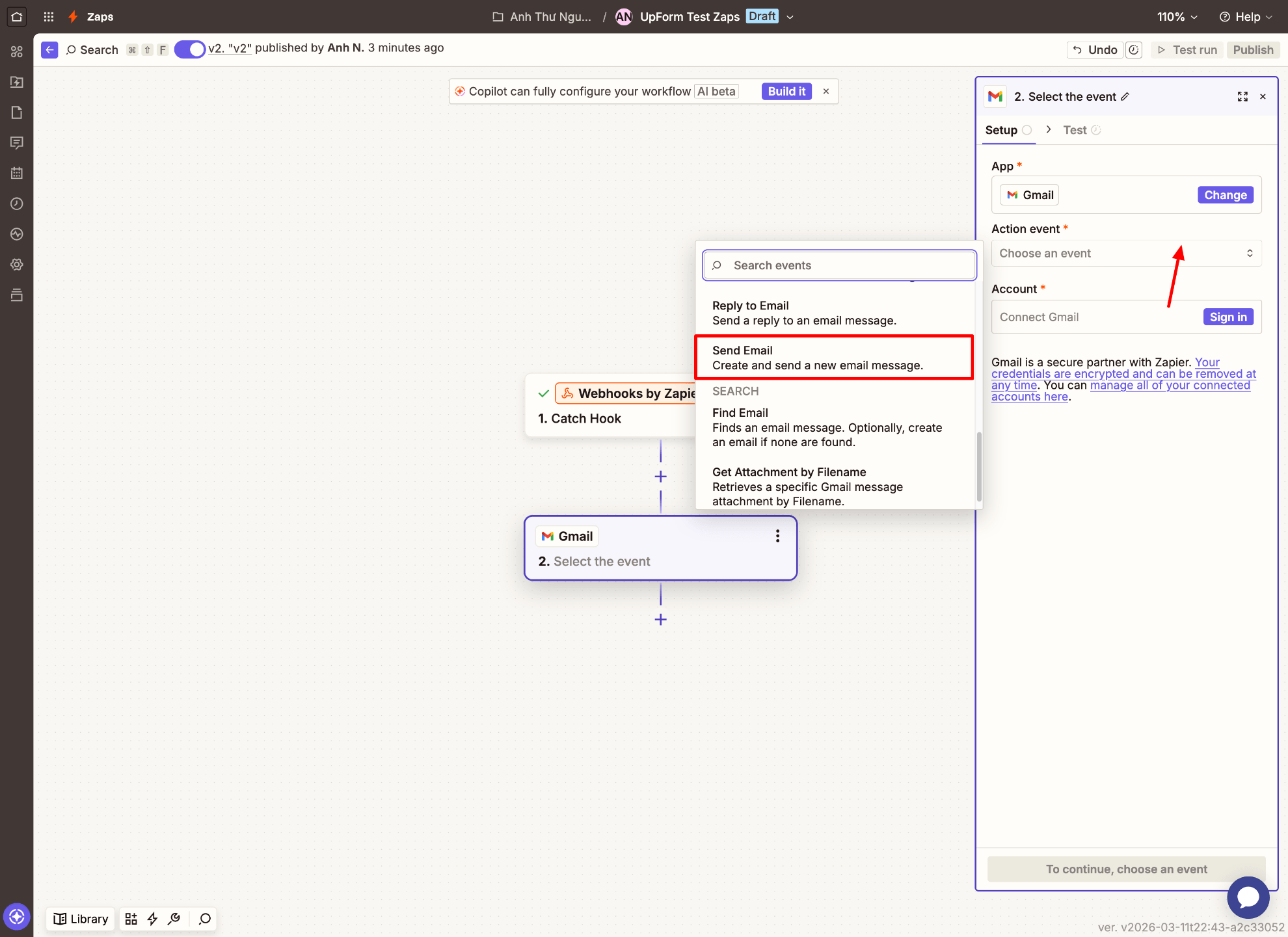 Choose Gmail Send Email action