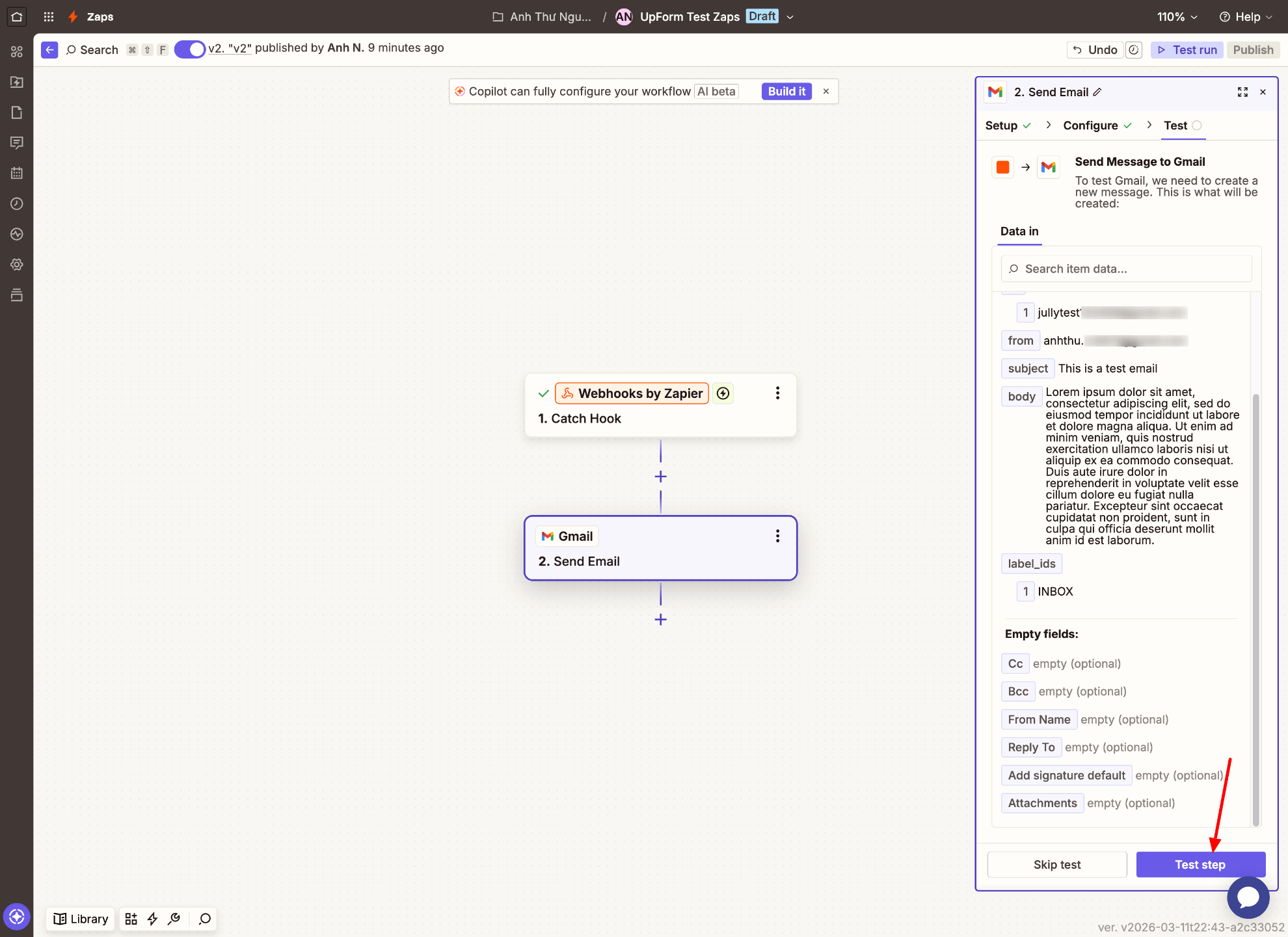 Test Gmail Zapier action step