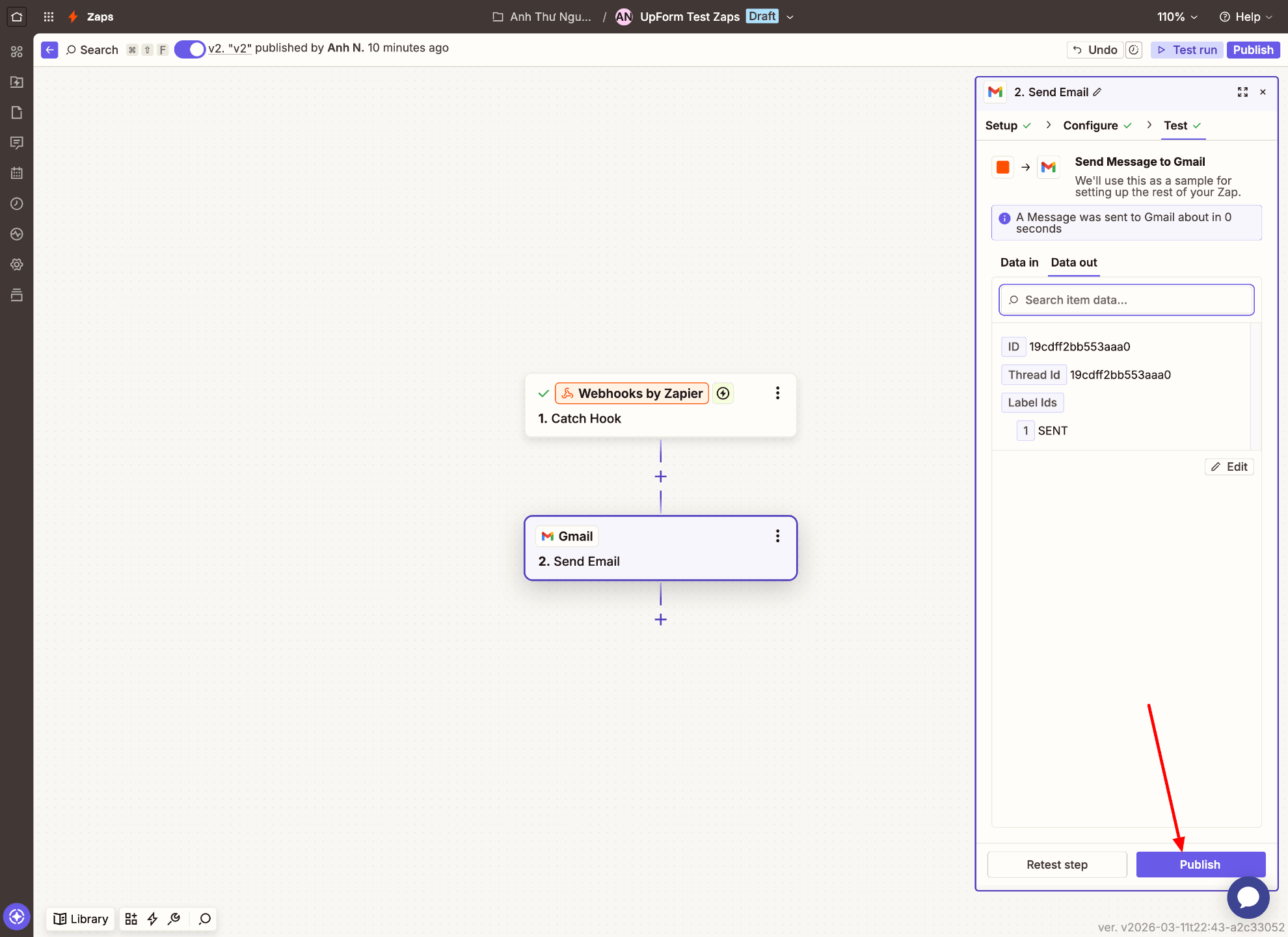 Publish Zap with Gmail action