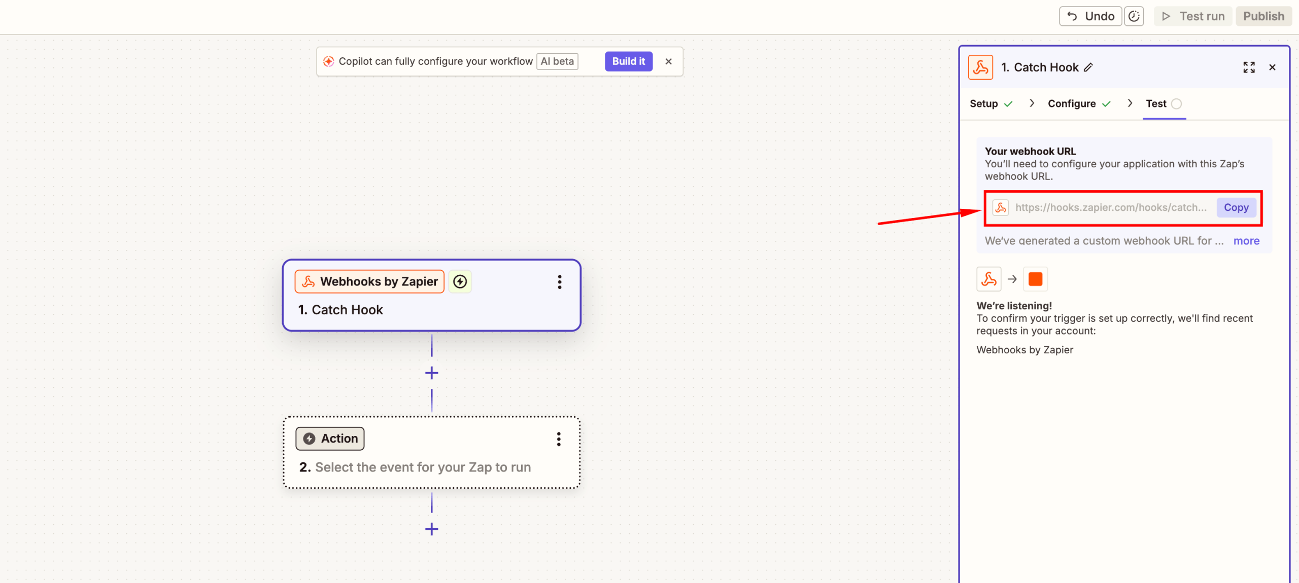 Copy Zapier webhook URL