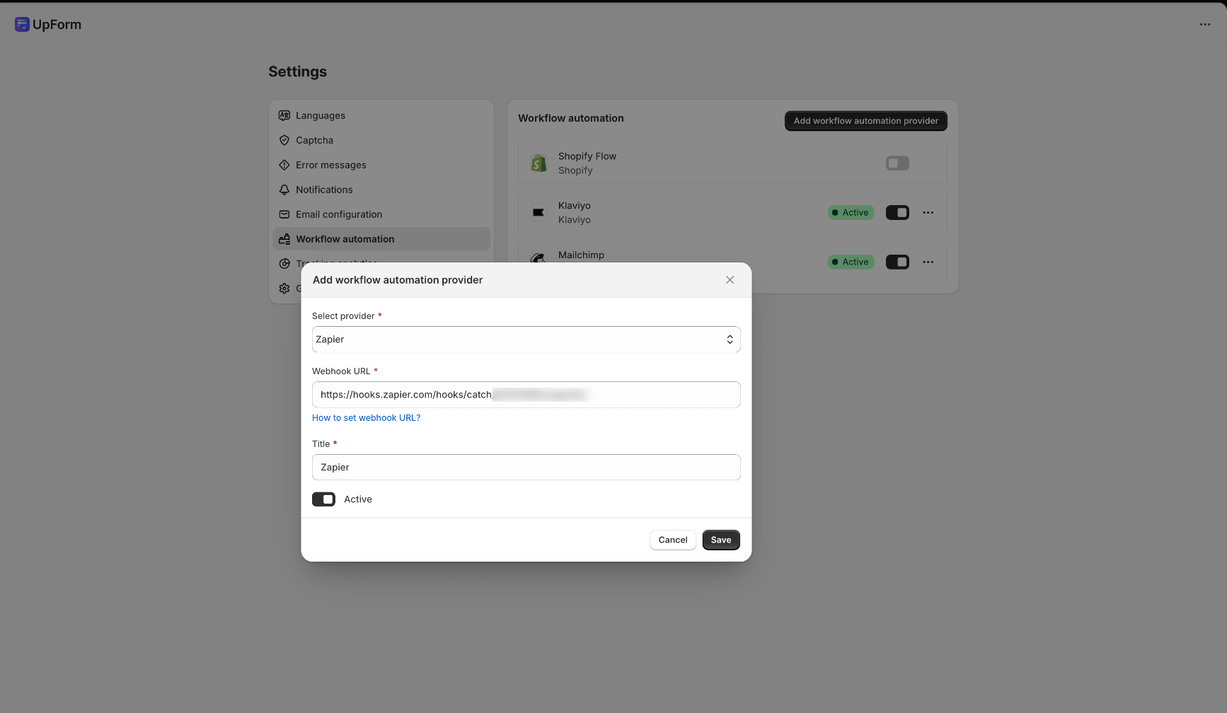 Paste webhook URL in UpForm