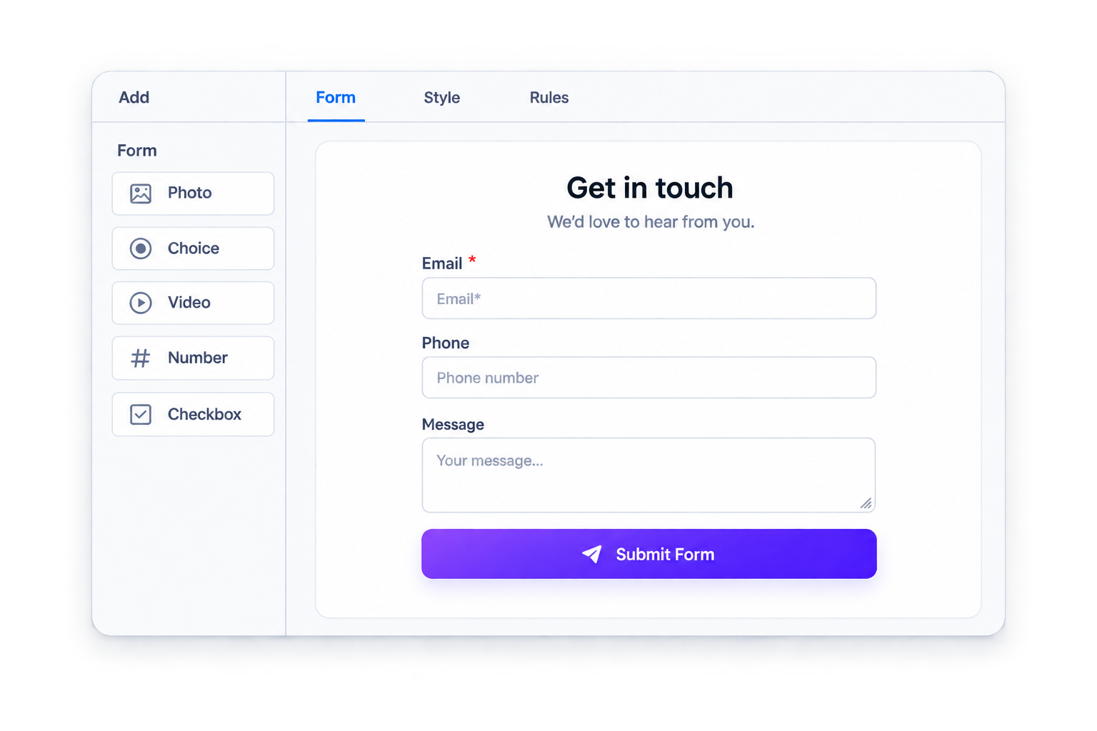 UpForm form builder with Add, Form, Style, and Rules tabs, a field sidebar, and a Get in touch form preview
