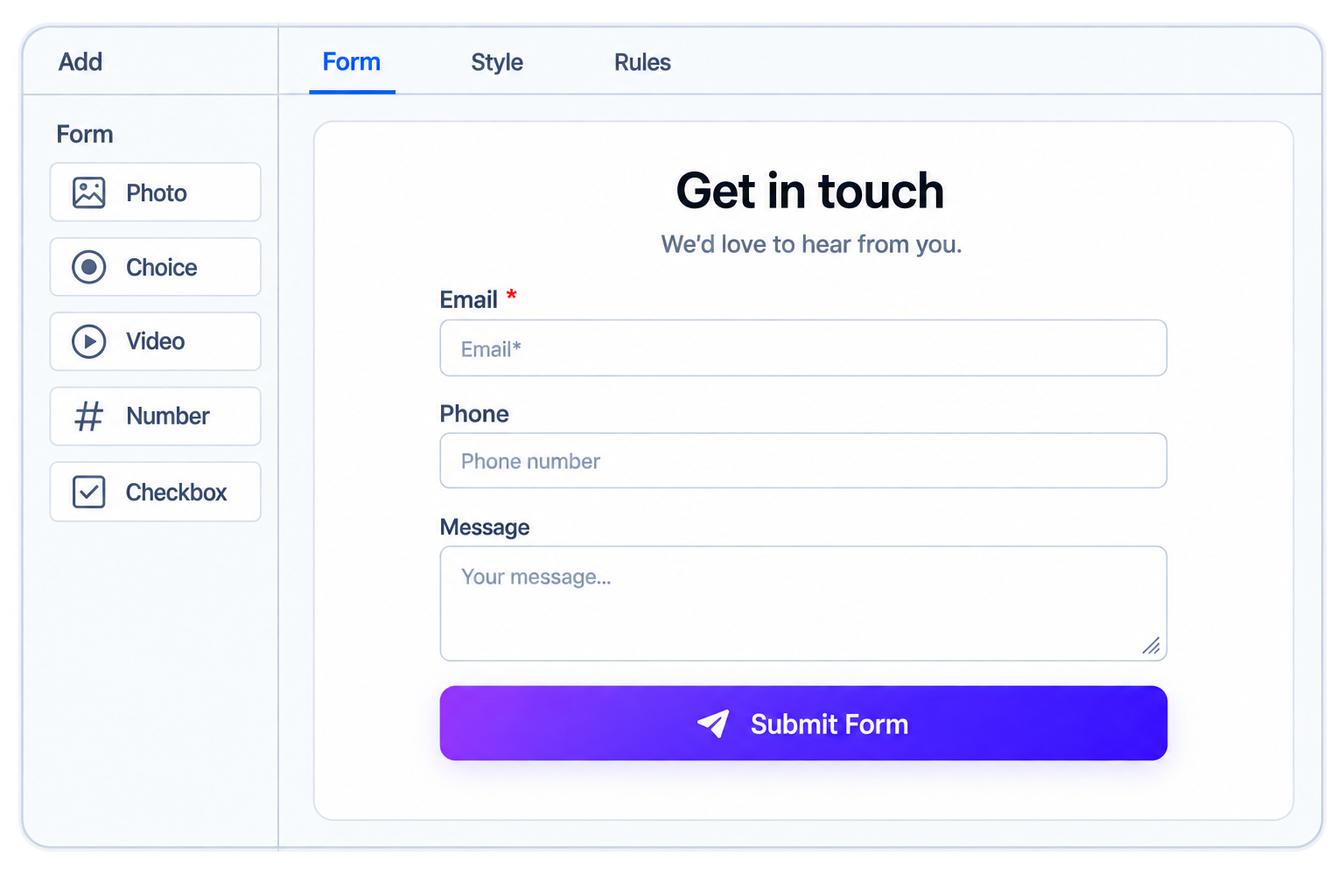 UpForm form builder with Add, Form, Style, and Rules tabs, a field sidebar, and a Get in touch form preview